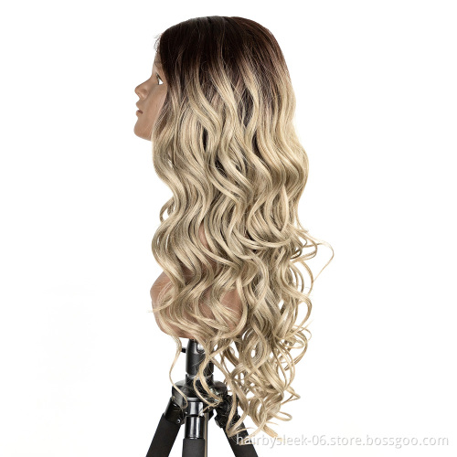 High sense of ombre Long Wavy Silver Grey deep Wave  Middle Part High Temperture Lace Front Wig Synthetic hair wigs For Women